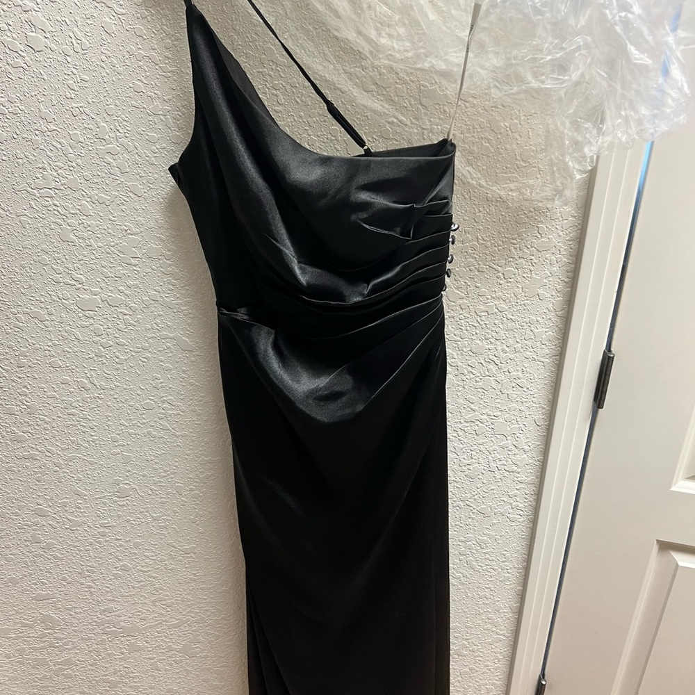 David’s Bridal bridesmaids maxi dress, satin black